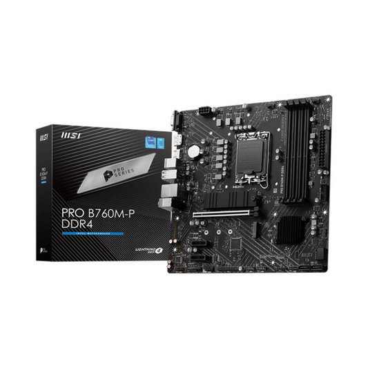 Msi PRO B760M-P Motherboard, LGA 1700 Socket, mATX Form Factor, DDR4 Ram, PCIe 4.0, USB 10Gbps, HDMI 1.4, DisplayPort 1.4, VGA, Realtek RTL8111H Gigabit LAN, PCI-E Steel Armor, 1 Year Warranty | 911-7E02-016