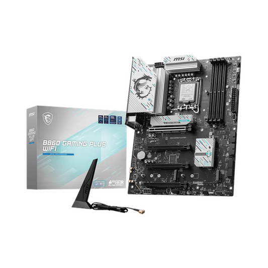 Msi B860 Gaming Plus WiFi Motherboard, LGA 1851 Socket, ATX Form Factor, DDR5 Ram, PCIe 5.0, Intel Killer BE1750x Wi-Fi 7 & Bluetooth 5.4, Thunderbolt4 Port, USB 10Gbps, Intel Killer E5000 5Gbps LAN, EZ M.2 Shield Frozr II, 1 Year Warranty | 911-7E41-003