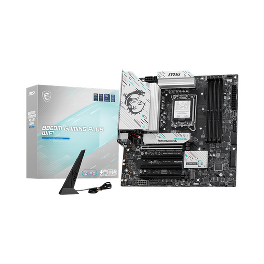 Msi B860M Gaming Plus WiFi Motherboard, LGA 1851 Socket, mATX Form Factor, DDR5 Ram, PCIe 5.0, Intel Killer BE1750x Wi-Fi 7 & Bluetooth 5.4, Thunderbolt4 Port, USB 10Gbps, Intel Killer E5000 5Gbps LAN, EZ M.2 Shield Frozr II, 1 Year Warranty | 911-7E42-003