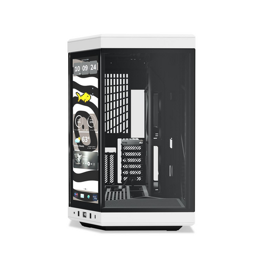 Hyte Y70 Touch Infinite Dual Chamber Mid-Tower ATX Case, 3-Piece Panoramic Glass, 14.9" Integrated IPS Touchscreen Display, 422mm GPU Support, USB 3.2 Gen 2, Panda (Black & White), 1 Year Warranty | CS-HYTE-Y70TI-WB