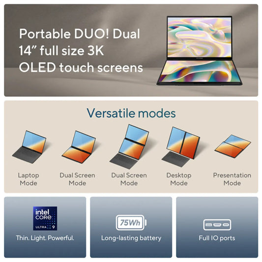 ASUS Zenbook Duo Intel Core Ultra 7 Processor, 32GB LPDDR5X RAM, 1TB SSD, 14" OLED Display, Intel Arc Graphics, Windows 11 Home, Basalt Gray, 2 Year Warranty | UX8406CA-OLED7
