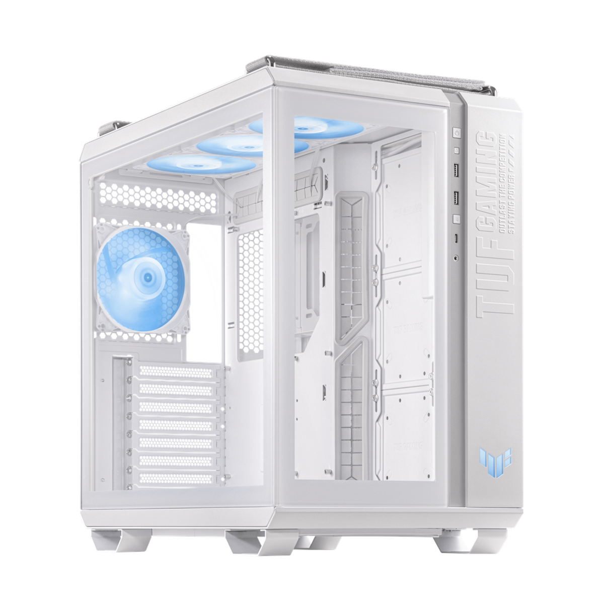 Asus TUF Gaming GT502 PLUS ATX PC Case, Dual Chamber Chassis with Panoramic View, Tempered Glass Left & Front Panels, 400mm GPU Support, 1 x 120 mm Fan, USB 3.2 Gen 2, White, 1 Year Warranty | 90DC0093-B19000