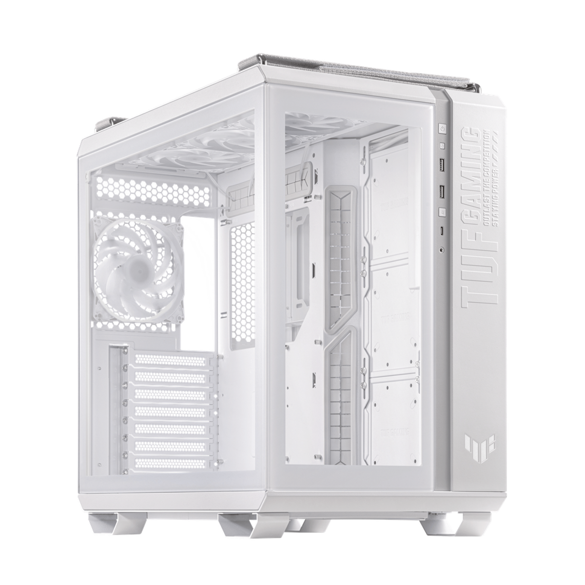 Asus TUF Gaming GT502 PLUS ATX PC Case, Dual Chamber Chassis with Panoramic View, Tempered Glass Left & Front Panels, 400mm GPU Support, 1 x 120 mm Fan, USB 3.2 Gen 2, White, 1 Year Warranty | 90DC0093-B19000