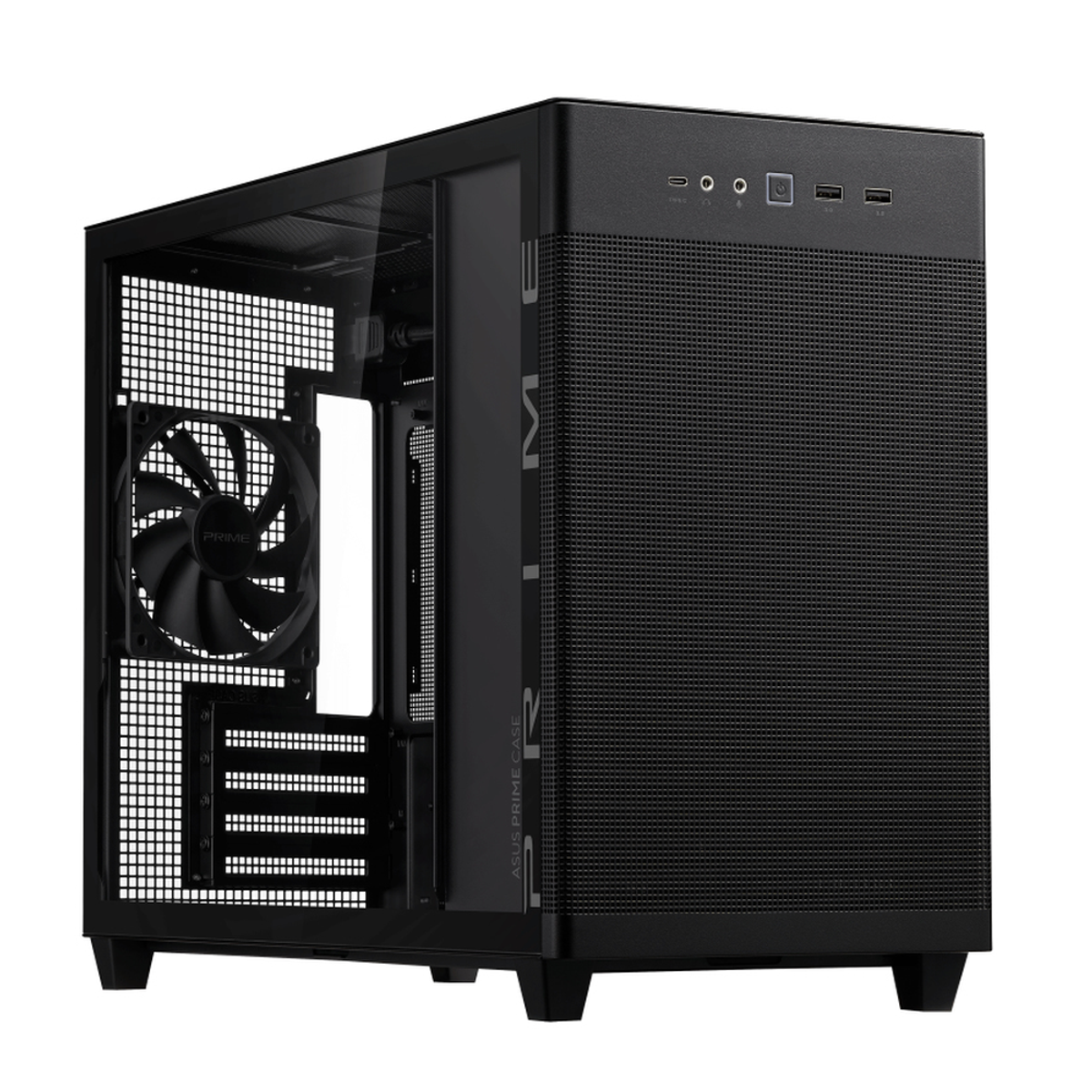 Asus Prime AP201 Small Tower-mATX PC Case, Tempered Glass Side Panel, 338mm GPU Support, 1 x 120 mm Fan, USB 3.2 Gen 2, Quasi-Filter Mesh Panels, Black, 1 Year Warranty | 90DC00G0-B39010