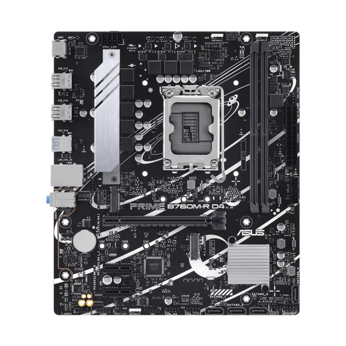 Asus PRIME B760M-R D4 Motherboard, LGA 1700 Socket, micro-ATX Form Factor, DDR4 Ram, PCIe 4.0, USB 5Gbps, HDMI 2.1, Realtek 2.5Gb Ethernet, Asus 5X Protection III, Aura Sync RGB Lighting, 1 Year Warranty | 90MB1HA0-M0EAY0