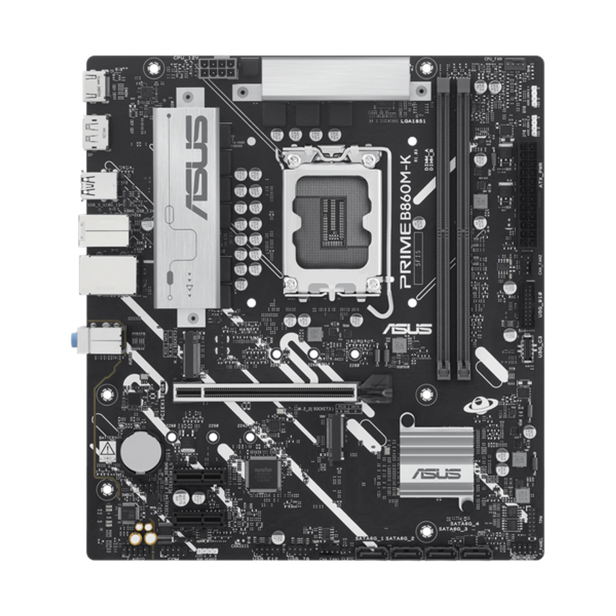Asus PRIME B860M-K Motherboard, LGA 1851 Socket, micro-ATX Form Factor, DDR5 Ram, PCIe 4.0 With SafeSlot Core+, USB 10Gbps, HDMI, DisplayPort, Realtek 2.5Gb Ethernet With Asus LANGuard, Aura Sync, 1 Year Warranty | 90MB1JT0-M0EAY0