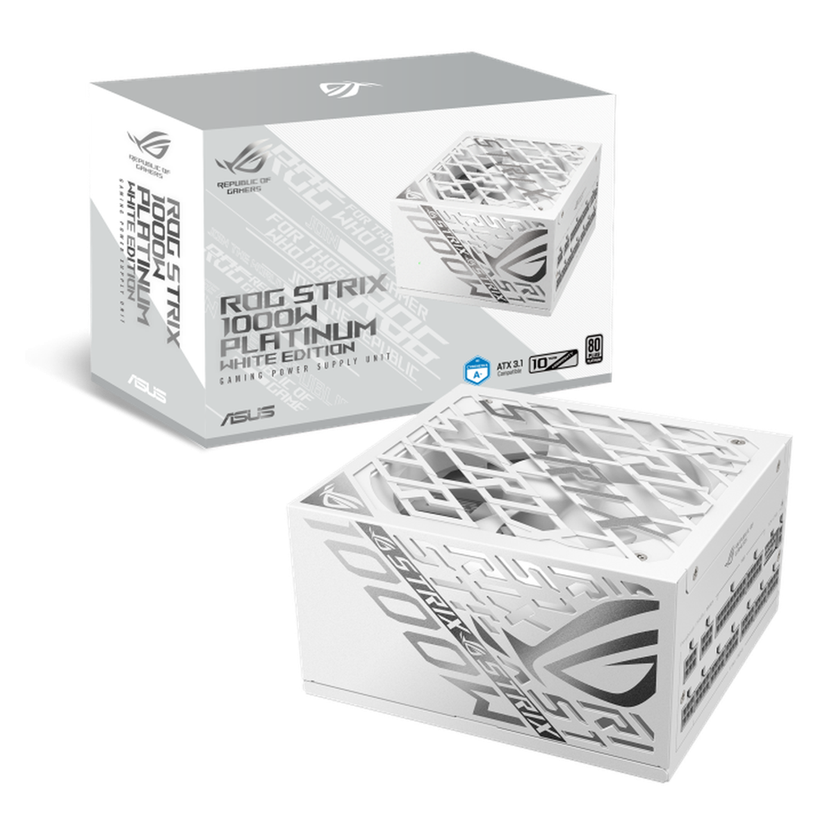 Asus ROG Strix 80 Plus Platinum Power Supply, 1000W, Fully Modular, ATX, PCIe 5.1 Ready, 0dB Technology, White, 1 Year Warranty | 90YE00W4-B0NA00