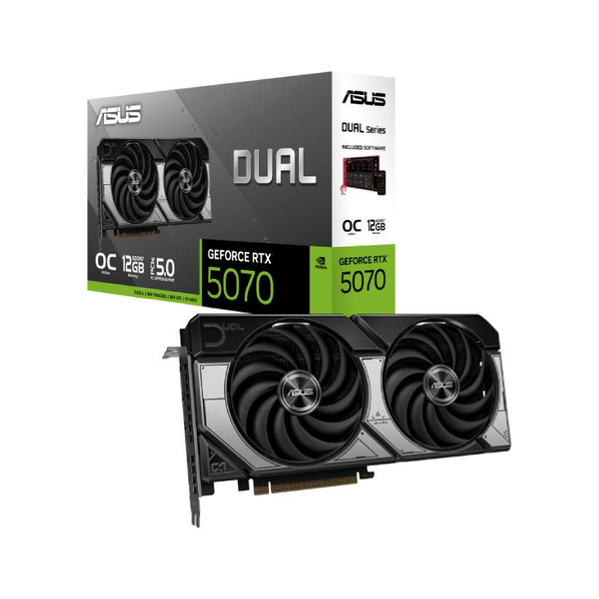Asus DUAL GeForce RTX 5070 OC Edition Graphics Card, GDDR7 12GB 192-bit Memory, HDMI 2.1b & DP 2.1b Outputs, PCI Express 5.0, 2572 MHz Core Clock, 28 Gbps Memory Clock, SFF Compatible, 1 Year Warranty | 90YV0M17-M0NA00
