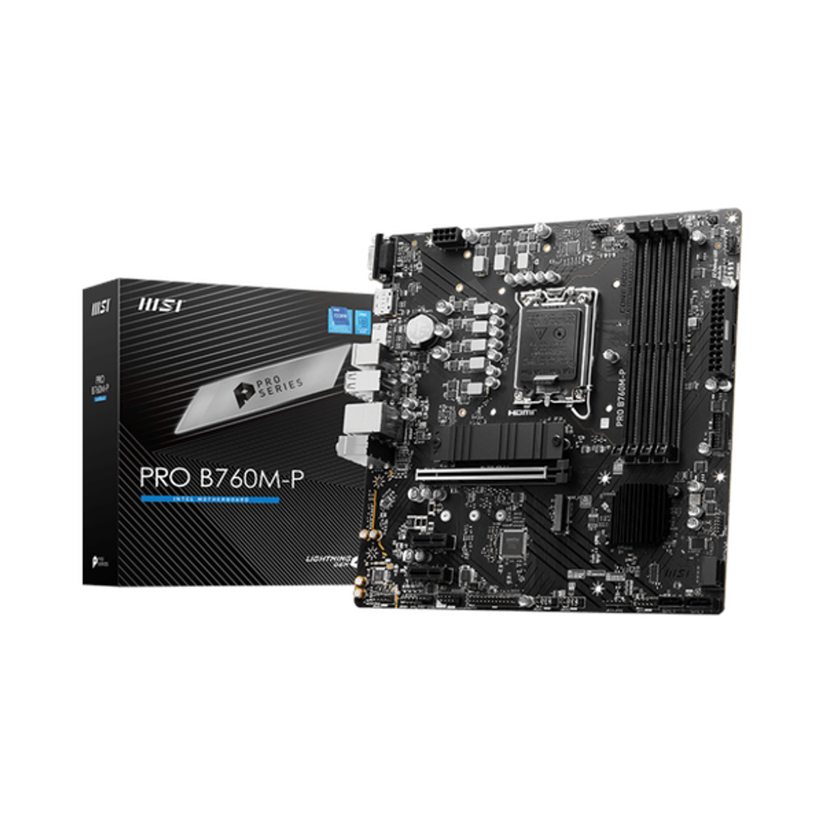 Msi PRO B760M-P Motherboard, LGA 1700 Socket, mATX Form Factor, DDR5 Ram, PCIe 4.0, USB 10Gbps, HDMI 1.4, VGA, Realtek RTL8111H Gigabit LAN, PCI-E Steel Armor, 1 Year Warranty | 911-7E02-026