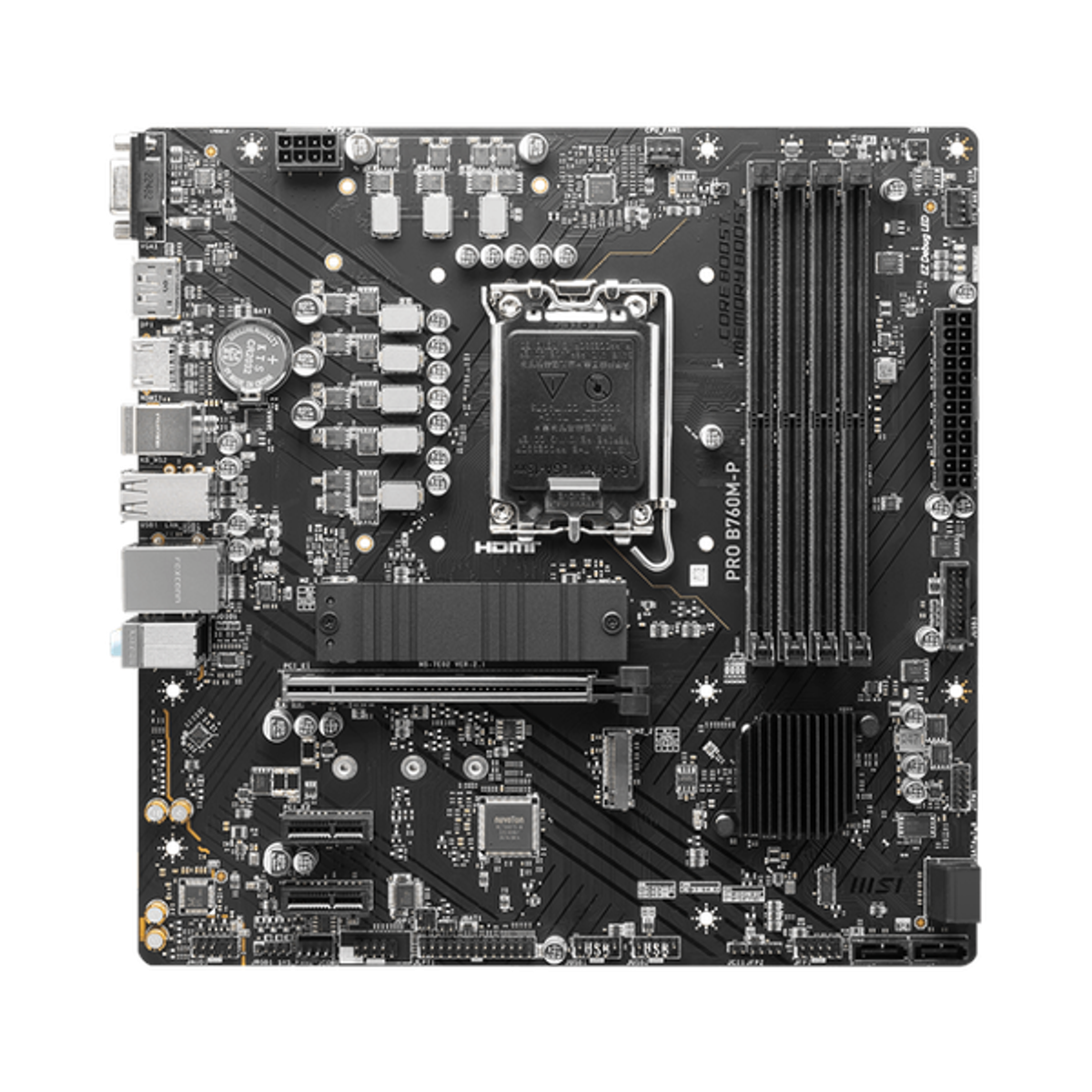 Msi PRO B760M-P Motherboard, LGA 1700 Socket, mATX Form Factor, DDR5 Ram, PCIe 4.0, USB 10Gbps, HDMI 1.4, VGA, Realtek RTL8111H Gigabit LAN, PCI-E Steel Armor, 1 Year Warranty | 911-7E02-026