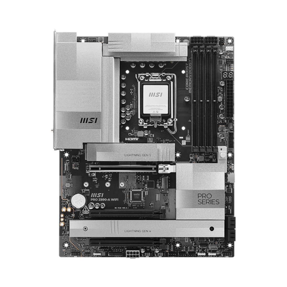 Msi PRO Z890-A WiFi Motherboard, LGA 1851 Socket, ATX Form Factor, DDR5 Ram, PCIe 5.0, Intel Wi-Fi 6E, Bluetooth 5.3, USB 40Gbps, HDMI 2.1, Thunderbolt4 (Type-C), Realtek 8126 5G LAN, EZ M.2 Shield Frozr II, 1 Year Warranty | 911-7E32-004