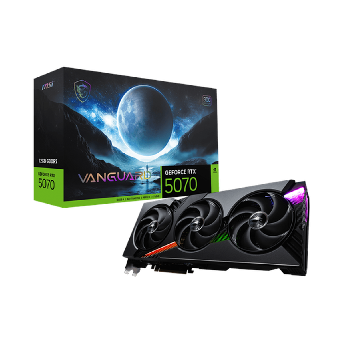Msi GeForce RTX 5070 VANGUARD SOC Edition Graphics Card, GDDR7 12GB 192-bit Memory, HDMI 2.1b & DP 2.1b Outputs, PCI Express 5.0, 2655 MHz OC Boost Clock, 28 Gbpsâ Memory Clock, 1 Year Warranty | 912-V532-054