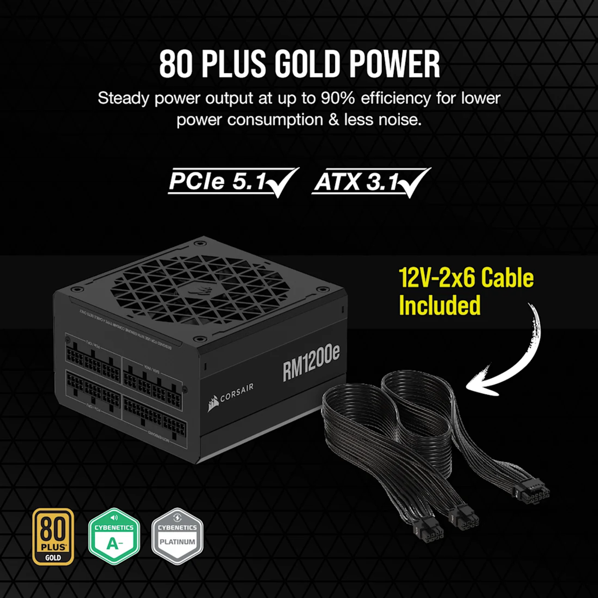 Corsair RM1200e 80 Plus Gold Power Supply, 1200W, Fully Modular, ATX, PCIe 5.1, Black, 1 Year Warranty | CP-9020258-UK
