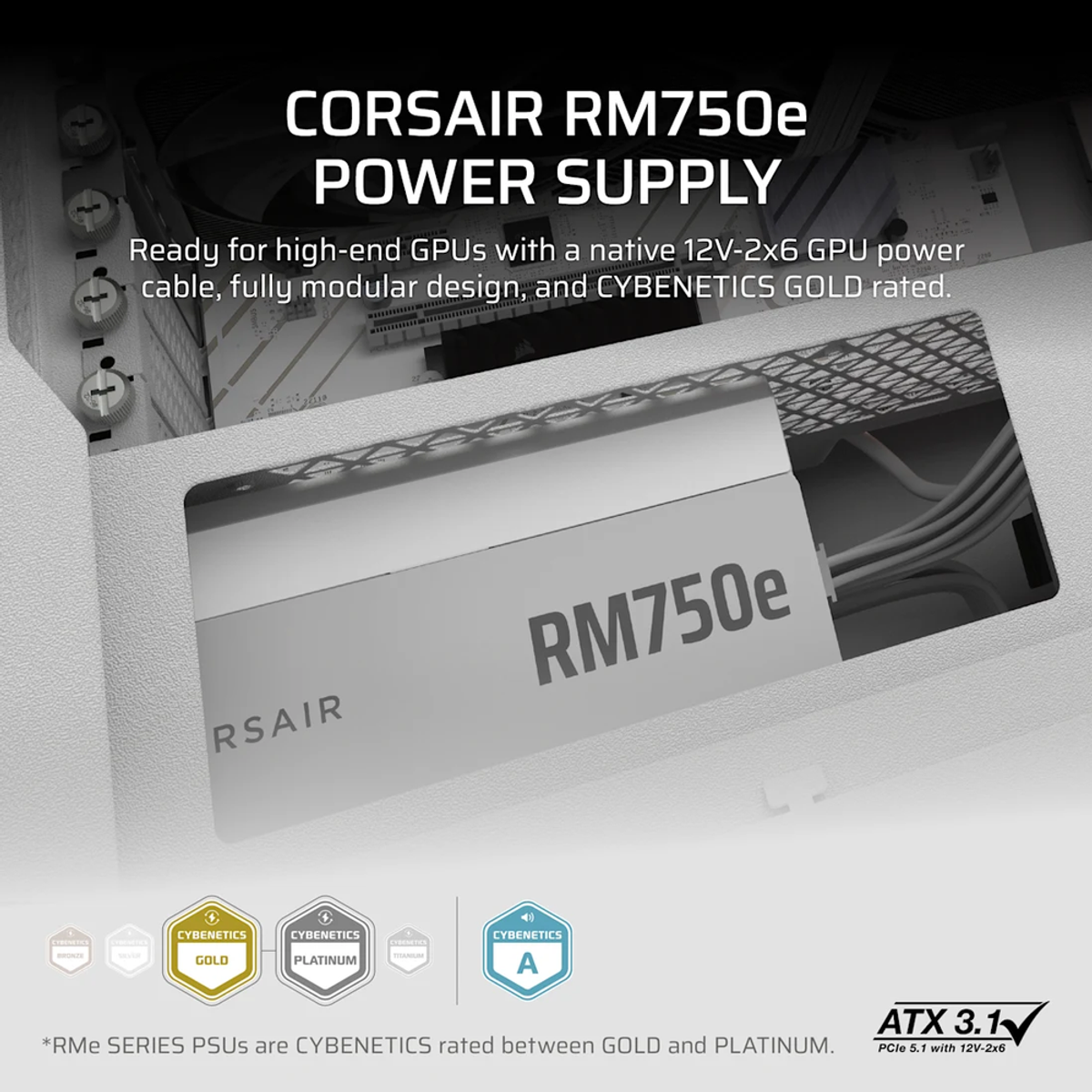 Corsair RM750e 80 Plus Gold Power Supply, 750W, Fully Modular, ATX, White, 1 Year Warranty | CP-9020292-UK