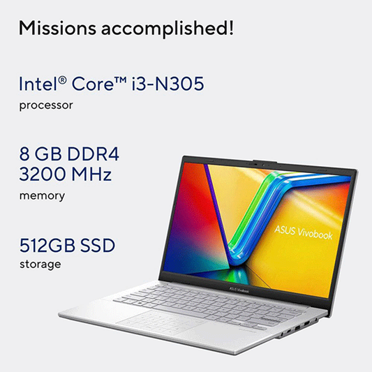 ASUS Vivobook Go 14 Intel Core i3-N305 Processor, 8GB RAM, 512GB SSD, 14" FHD Display, Windows 11 Home, Silver Color, 1 Year Warranty | E1404GA-NK004W