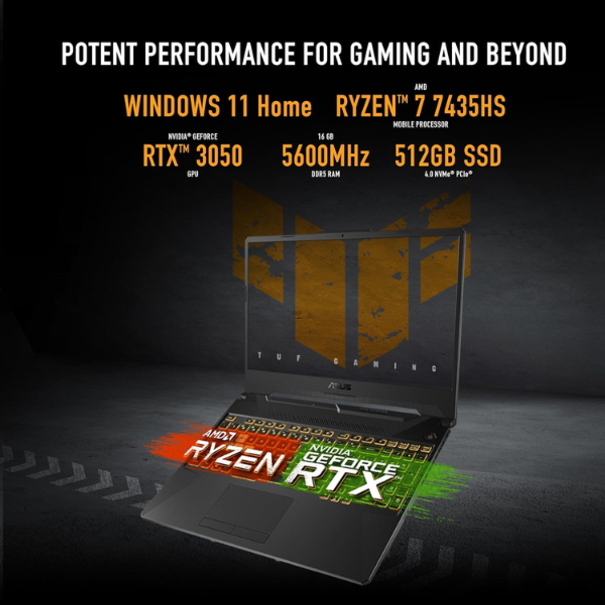 ASUS TUF Gaming A15 AMD Ryzen 7 7435HS Mobile Processor, 16GB RAM, 512GB SSD, 4GB NVIDIA RTX 3050, 15.6" FHD Display, 144Hz, Windows 11 Home, English & Arabic Keyboard, Graphite Black, 1 Year Warranty | FA506NCR-HN044W