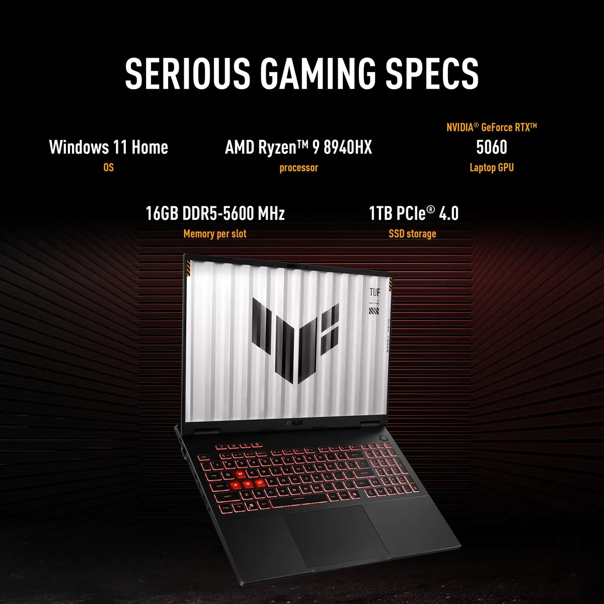 Asus TUF A16 Gaming Laptop, AMD Ryzen 9 8940HX Processor, 16GB RAM, 1TB SSD, 8GB Nvidia RTX 5060 Graphics, 16