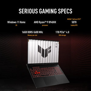 Asus TUF A16 Gaming Laptop, AMD Ryzen 9 8940HX Processor, 16GB RAM, 1TB SSD, 8GB Nvidia RTX 5070 Graphics, 16