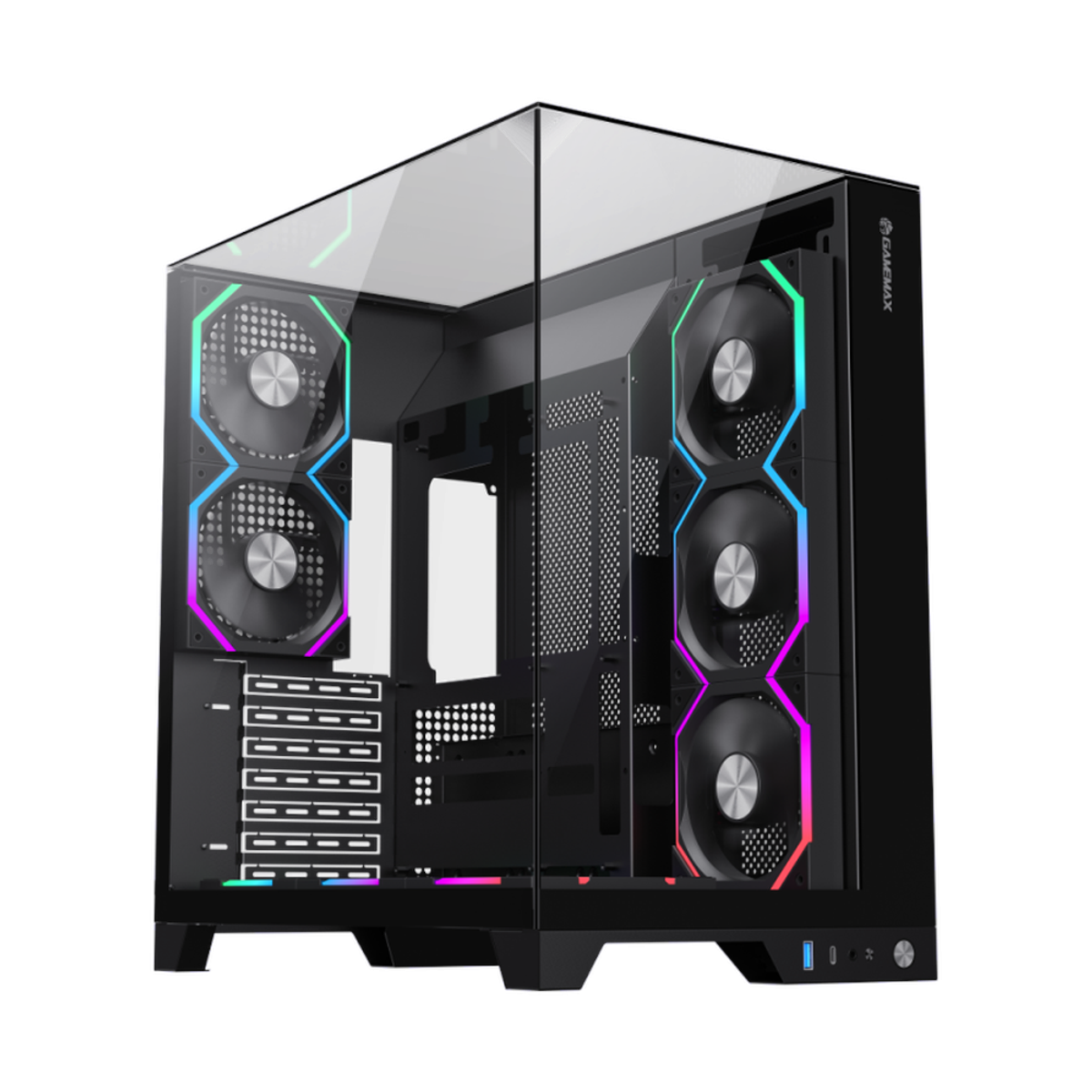 Gamemax Infinity Pro ATX PC Case, Tempered Glass Front & Top Panel, 3 x 120mm Fans, 400mm GPU Support, USB 3.2 Gen 2, Black, 1 Year Warranty | GM-INFINITY-PRO-BK