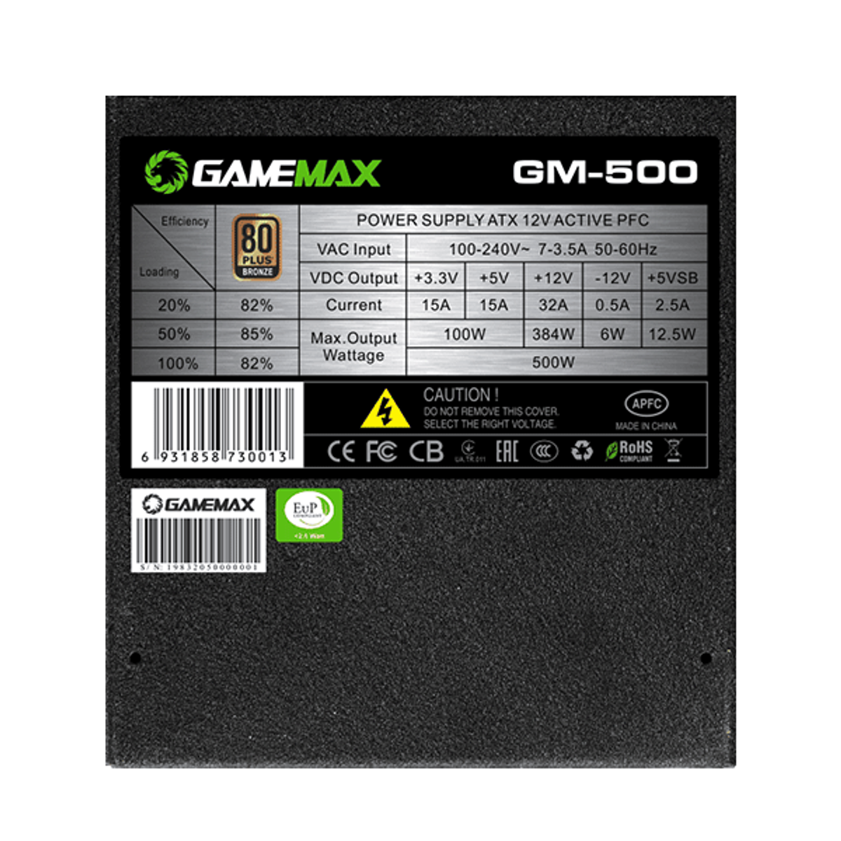 POWER SUPPLY 500W GAMEMAX GM500, BRONZE | GM-GM500-BR