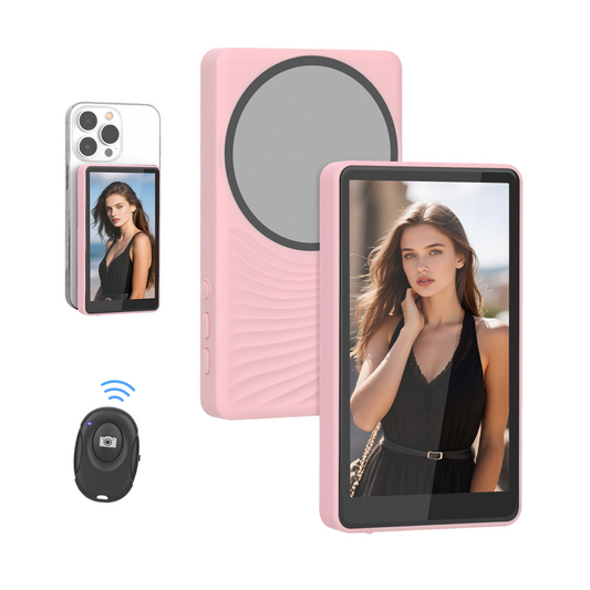 Genuine Reel Buddy Magnetic Selfie Screen, Real-Time Rear Camera Preview with HD Display, Screen Flip Function, 50M Wireless Sync, Bluetooth Remote Included, Pink, 1 Year Warranty | GN-RBT1PK