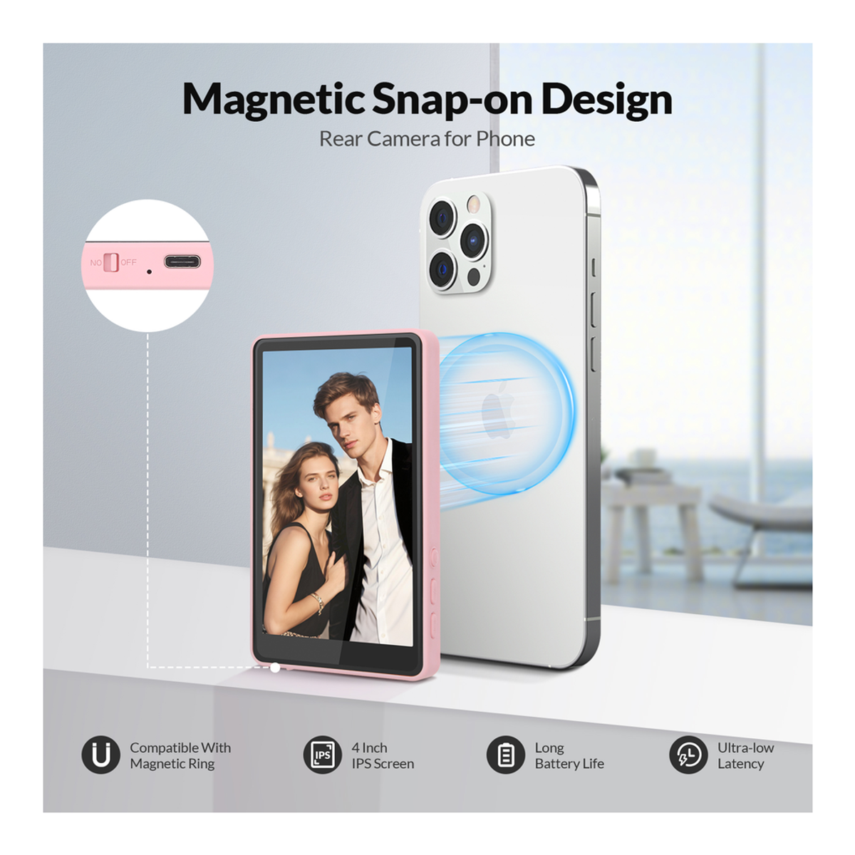 Genuine Reel Buddy Magnetic Selfie Screen, Real-Time Rear Camera Preview with HD Display, Screen Flip Function, 50M Wireless Sync, Bluetooth Remote Included, Pink, 1 Year Warranty | GN-RBT1PK