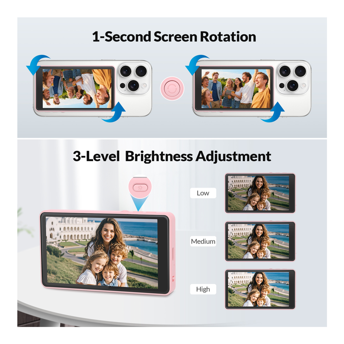 Genuine Reel Buddy Magnetic Selfie Screen, Real-Time Rear Camera Preview with HD Display, Screen Flip Function, 50M Wireless Sync, Bluetooth Remote Included, Pink, 1 Year Warranty | GN-RBT1PK