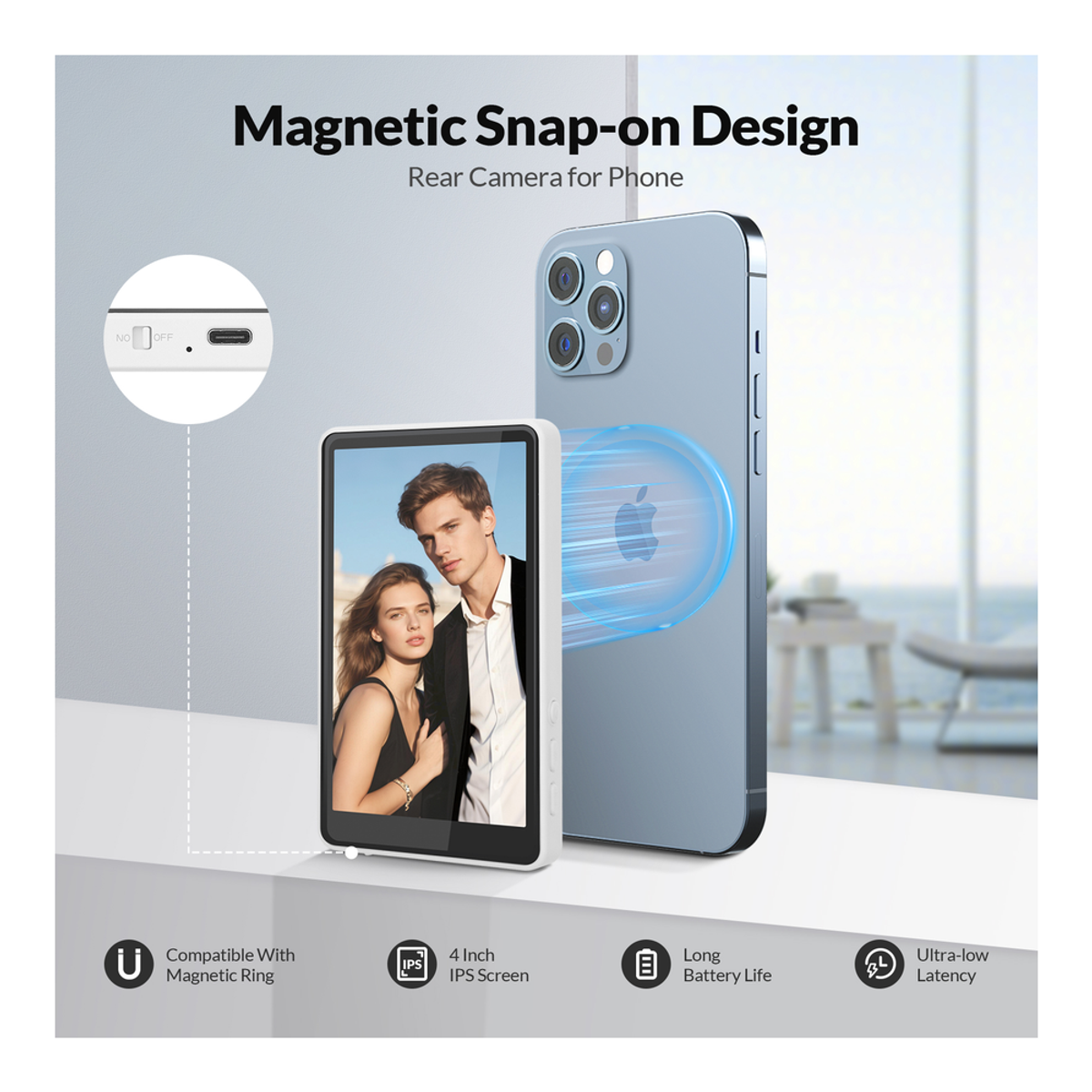 Genuine Reel Buddy Magnetic Selfie Screen, Real-Time Rear Camera Preview with HD Display, Screen Flip Function, 50M Wireless Sync, Bluetooth Remote Included, White, 1 Year Warranty | GN-RBT1WH