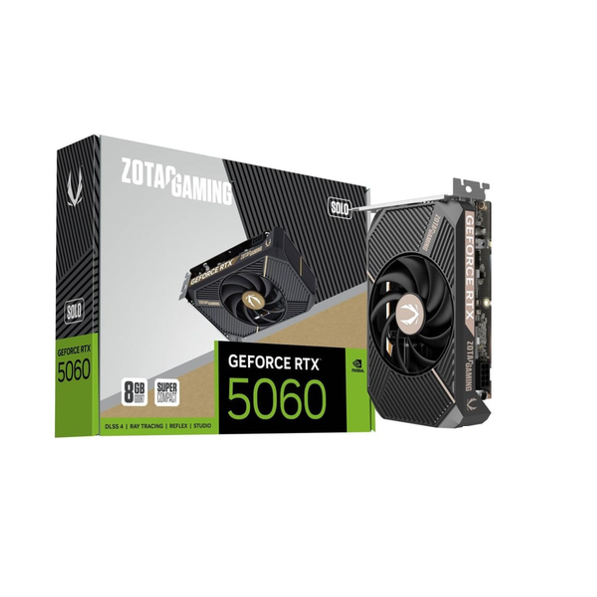 Zotac Gaming GeForce RTX 5060 SOLO Edition Graphics Card, GDDR7 8GB 128-bit Memory, HDMI 2.1b & DP 2.1b Outputs, PCI Express 5.0, 2497 MHz Boost Clock, 28 Gbpsâ Memory Clock, 1 Year Warranty | ZT-B50600G-10L
