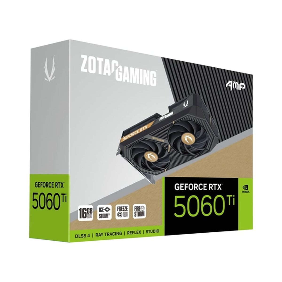 Zotac Gaming GeForce RTX 5060 Ti AMP Edition Graphics Card, GDDR7 16GB 128-bit Memory, HDMI 2.1b & DP 2.1b Outputs, PCI Express 5.0, 2632 MHz Boost Clock, 28 Gbpsâ Memory Clock, 1 Year Warranty | ZT-B50620F-10M