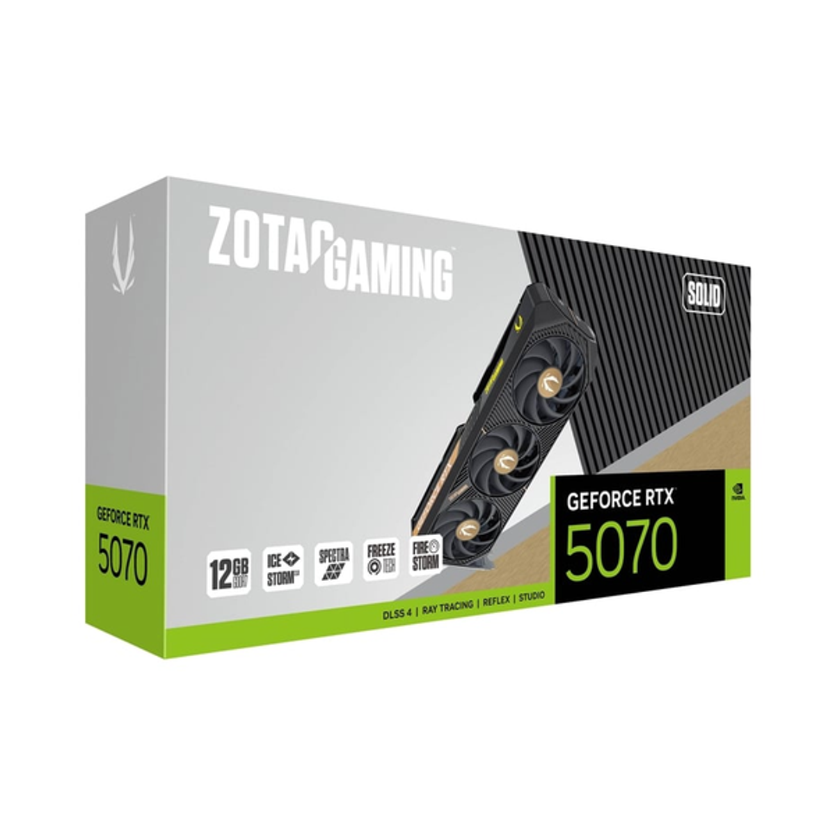 Zotac Gaming GeForce RTX 5070 SOLID Edition Graphics Card, GDDR7 12GB 192-bit Memory, HDMI 2.1b & DP 2.1b Outputs, PCI Express 5.0, 2602 MHz Boost Clock, 28 Gbpsâ Memory Clock, 1 Year Warranty | ZT-B50700D-10P