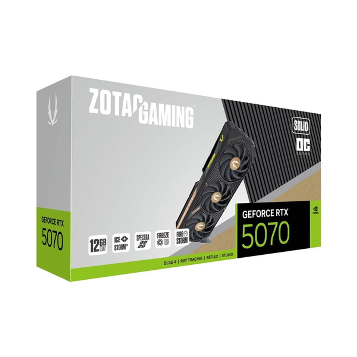 Zotac Gaming GeForce RTX 5070 SOLID OC Edition Graphics Card, GDDR7 12GB 192-bit Memory, HDMI 2.1b & DP 2.1b Outputs, PCI Express 5.0, 2542 MHz Boost Clock, 28 Gbpsâ Memory Clock, 1 Year Warranty | ZT-B50700J-10P